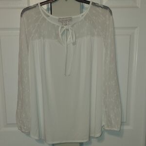 Monroe & Main Ivory Blouse with Sheer Patterned Sleeves